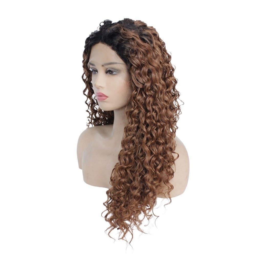 13 x 3 koronkowe peruki czarne ombre brązowe afro kręcone syntetyczne peruki dla kobiet do cienkich włosów (56 cm)