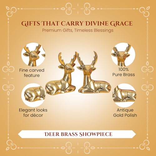 Image of Ekhasa 100% Pure Brass Deer Showpiece Pair with Gift Box | Golden Hiran Murti Pital Animal Figurines for Home Decor Living Room | Religious Housewarming Grah Pravesh Wedding Gift