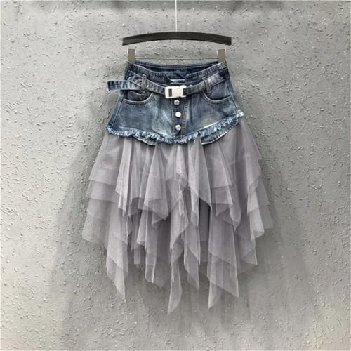 Women’S High Waist Denim Mini Skirt Irregular Mesh Patchwork Tassel Detail Club Party Short Jean Bottoms2