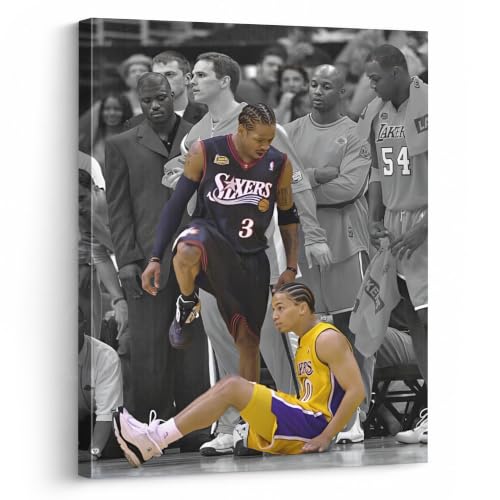 NBA Canvas Wall Art Decor - Allen Iverson Step Over Tyronn Lue Iconic Moment 76ers vs Lakers Basketball Poster Black and White Sports Artwork for Home or Game Room Wall Decor 8X10