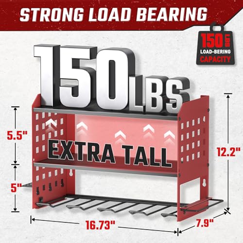 Image of SUNALLY Power Tool Organizer, Heavy Duty Wall Mount Tool Organizer 3 Layers with 4 Drill Holders, Garage Tools Storage Rack with 2 Side Pegboards and Hooks for Workshop, Shed, Red