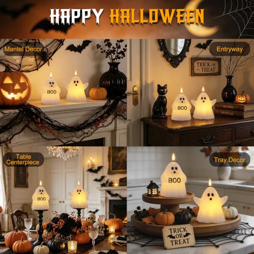 Image of Halloween Flameless Candles with Remote, Ghost Battery Operated Candles Wax | Flickering LED Fake Candle, Timer, Dimmer, Flickering Mode, Halloween Decor for Table, Fireplace, Home, Party, Festival