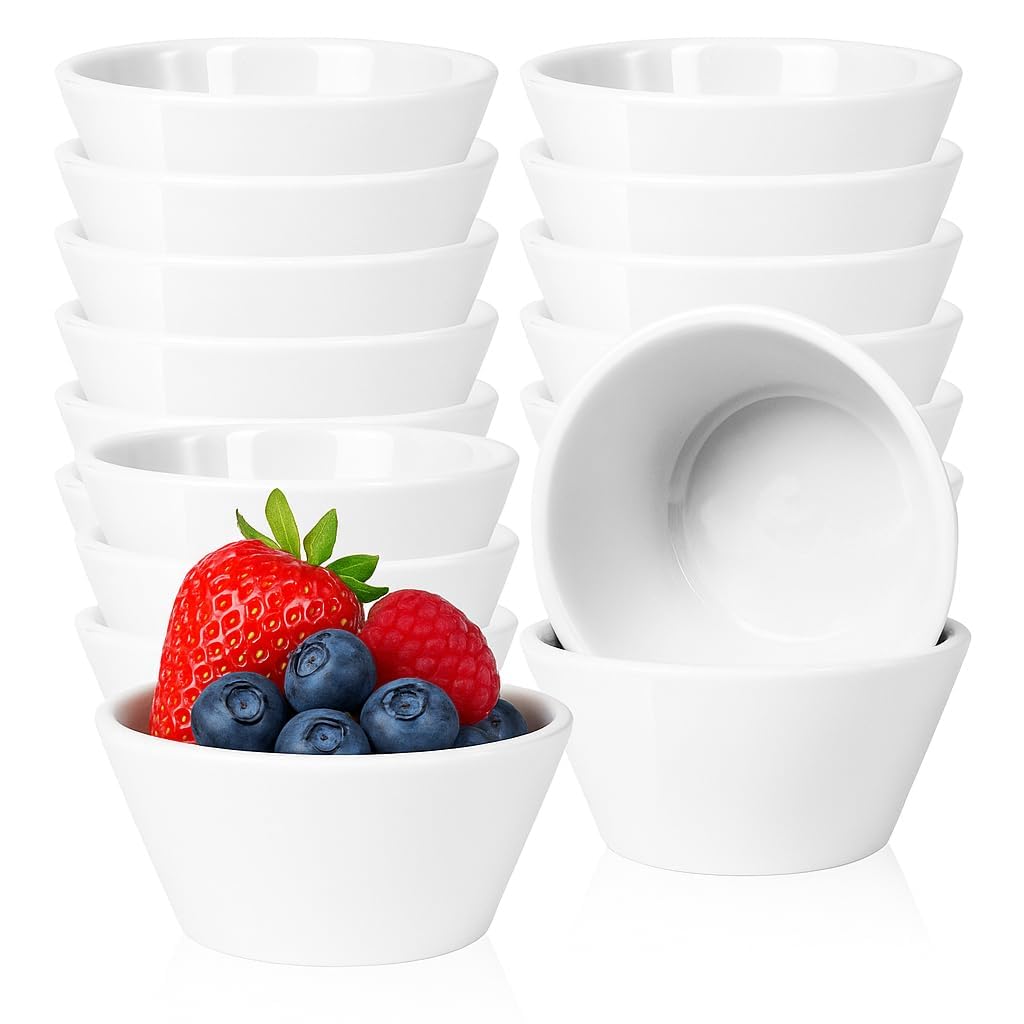 Lot de 18 Ramequins en Porcelaine Blanche 240 ml, Petits Bols à Dessert, Coupelles pour Glace, Sauce, Apéritif, Snacks et Fruits, Empilables, Compatibles Micro-ondes, Four et Lave-vaisselle