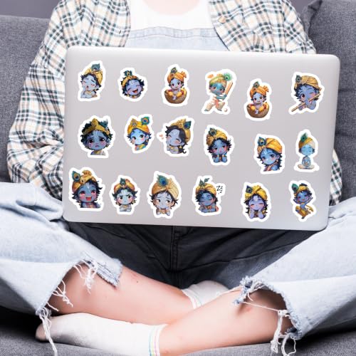 Image of Cute Krishna Sticker Pack of 60 - Waterproof Vinyl Devotional Stickers for Laptop, Water Bottle, Notebook, Journal, Phone Case, Scrapbook & DIY Decoration | Adorable Spiritual Character Collection