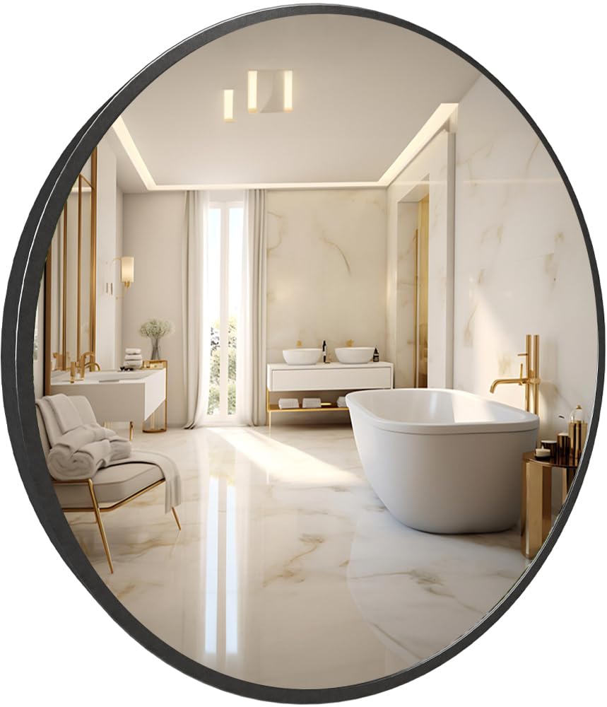 Marctani Espejo Redondo con Marco de Metal - Espejos Decorativos de Pared Elegante y Moderno - Espejo Entrada Recibidor - Ideal para Decoracion de Baño, Salon y Entraditas Recibidores Negro, 70 cm