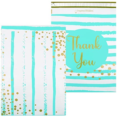 Image of Inspired Mailers - Poly Mailers 14.5 x 19-20 Pack - Thank You Poly Mailers Confetti and Stripes (Aqua /Gold) - Packaging Bags - Mailing Envelopes - Shipping Bags