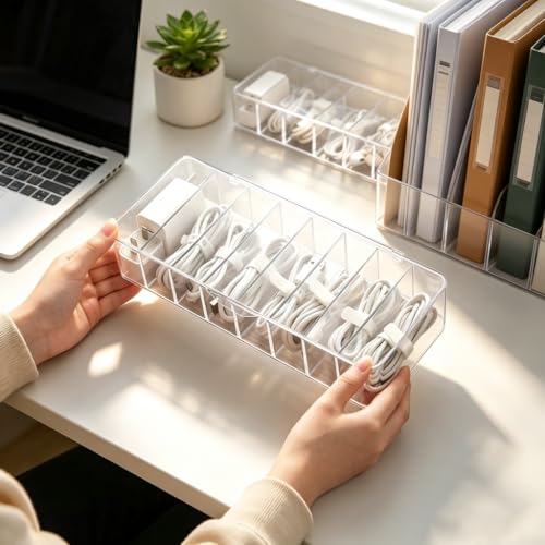 Image of 4Pcs cord organizer box with Lid, 10.2 x 3.5 x 2.2in, Desktop Cord Organizer with Compartments (4)