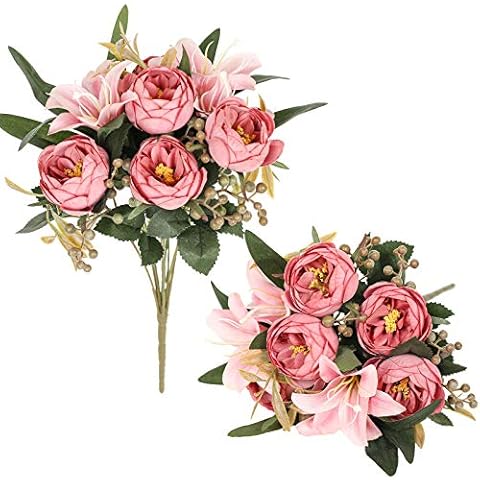Cotemdery Artificial Peony Flowers Fake Peonies Lily Floral Arrangements Faux Vintage Peony Lilies Wedding Bouquets for Home Office Decoration Party Cemetery Decor-Dark Pink Cover
