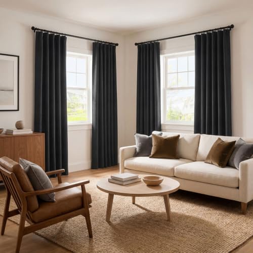 Image of HPD Half Price Drapes - Faux Linen Curtains for Living Room (1 Panel) - 50W X 96L - Textured Room Darkening Curtains for Bedroom 96 Inches Long - Drapes for Home Decor, Essential Black
