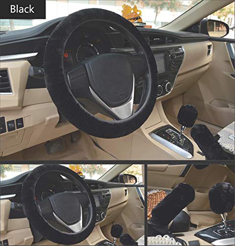 Kit de 3 fundas para volante, freno de mano y palanca de cambios, de felpa esponjosa, tamaño universal, Fundas de lana sintética, universales, para coche, de peluche, 36-40 cm (Negro)