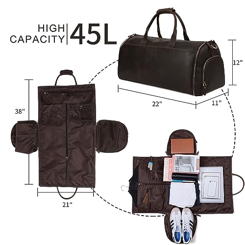 Mens Garment Bag,Convertible Carry On Garment Bags for Travel with Shoe Pouch, Full Grain Leather Duffle Bag for Men,2 in 1 Hanging Suitcase Suit Business Travel Bag, Gifts for Men2