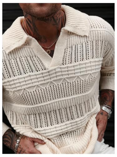 Men's Sheer Crochet Sweater See Through Long Sleeve Knit Collar V Neck Pullover Tops4