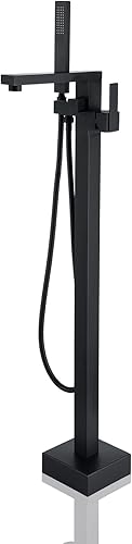 SATICO FF011MB - Llenador de bañera independiente de latón de una sola manija para montar en el suelo grifos de bañera con ducha de mano color negro