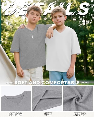 YooAurvox 3 Pack Boys Oversized V Neck T-Shirts 5-14Y Kids Short Sleeve Drop Shoulder Tops Casual Basic Shirts Summer Tees(Gray, White, Black,7-8 Years) — view 5