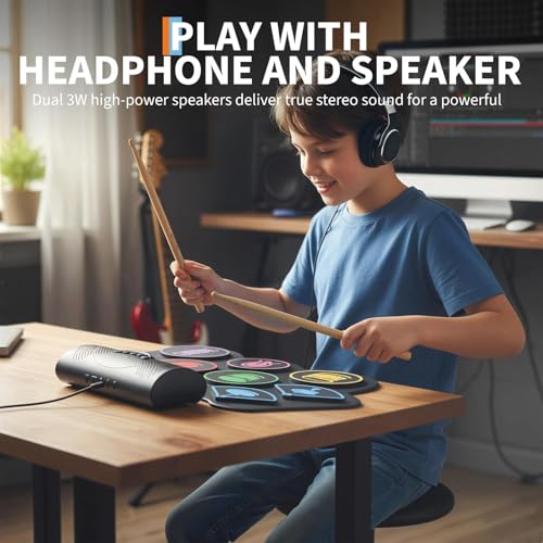 Image of Wireless Electronic Drum Set with 9 Pads, Portable Roll-Up Practice Kit for Kids & Beginners , Built-in Speaker, LED Lights, Recording & Headphone Output ,Includes Kick Pedal, Drum Sticks