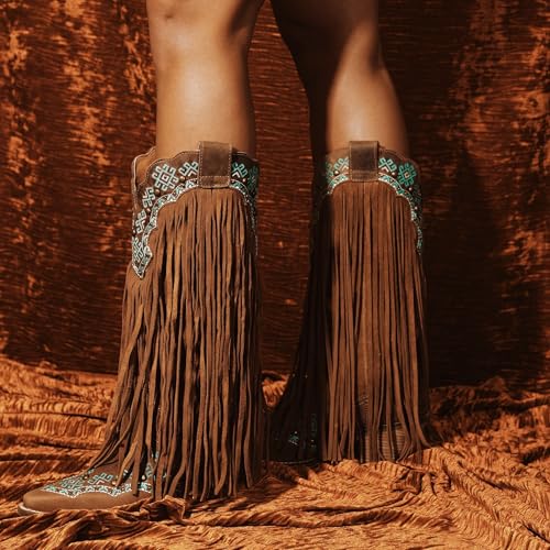 UniqueStride Women Embroidery Fringe Western Boots Tassels Suede Chunky Heel Cowboy Cowgirl Studded Vintage Boots 5