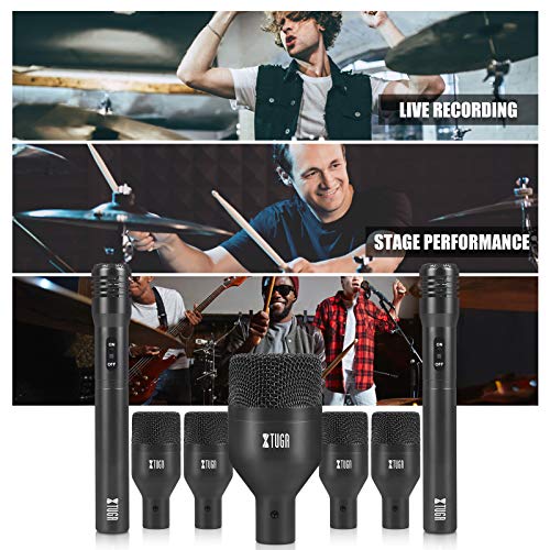 Xtuga Di7 7-Piece Wired Dynamic Drum Mic Kit (Whole Metal) Kick Bass, Tom/Snare & Cymbals Microphone-Use For Drums, Vocal, Other Instrument Complete With Thread Clip 7 On Stage Audio Cables 16.5Ft #TOP7