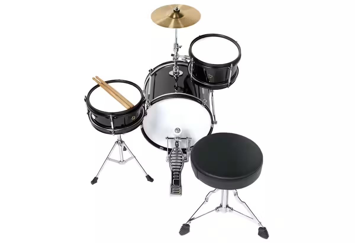 Woodbrass DSJ90B - Batteria per bambini completa 3+ anni, mini kit batteria acustica Junior con sedile, pedale, piatto 8", Tom e cassa chiara, batteria per bambini principianti, colore: nero