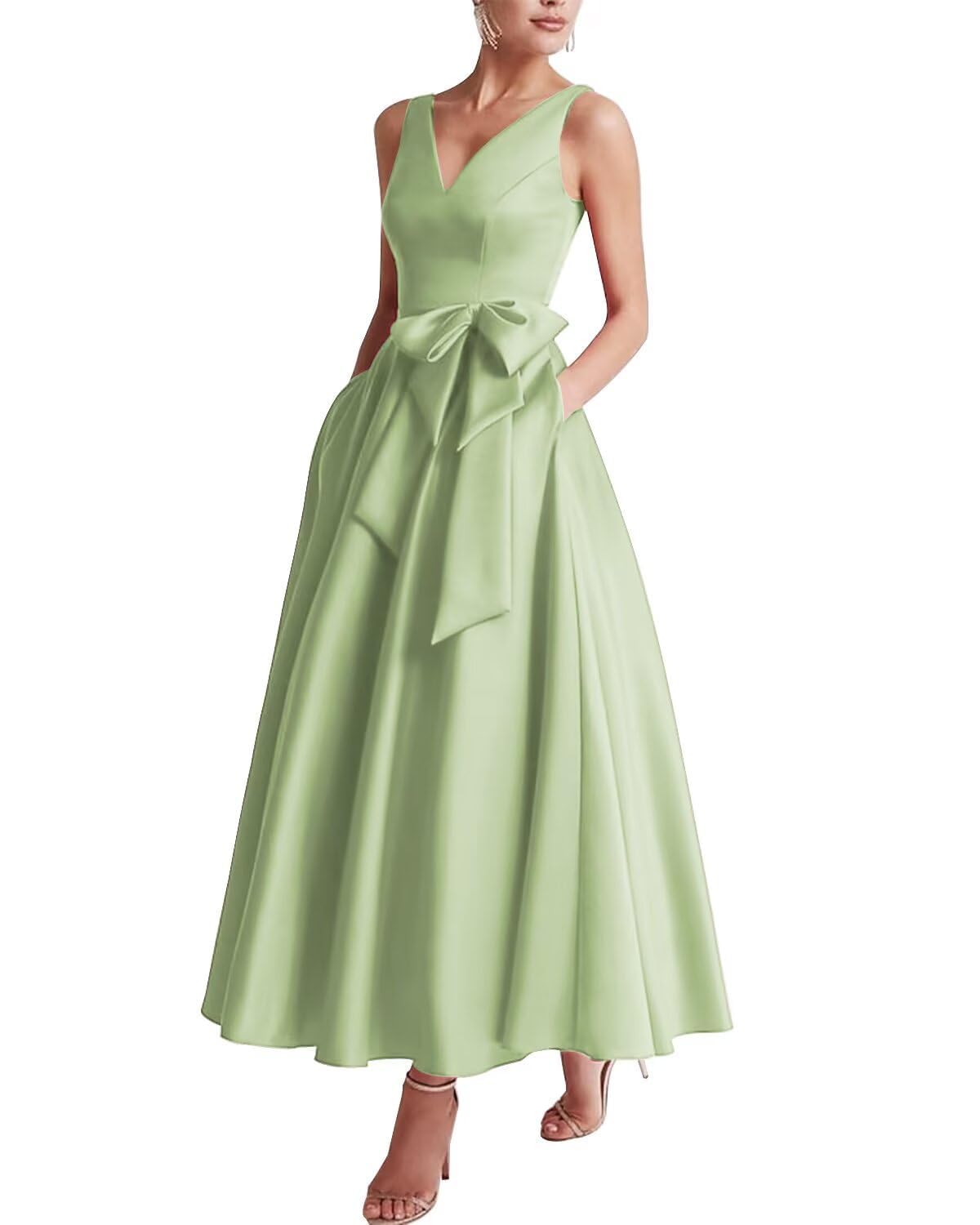 Sage Green Satin Mother of the Bride Dresses for Women Solid V Neck Tea Length Mother of the Groom Dress Prom Gown UK14