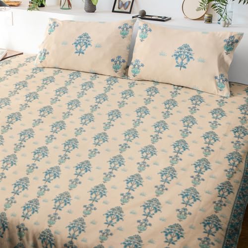 Image of Shaadab Premium Hand Block Printed Bedsheet | Bed Sheet Flatsheet | Pure Cotton | Double Bed King Size 108 inchx108 inch | 300 TC Bedsheets | Includes 2 Pillow Covers | Flower Spread