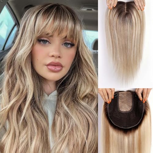 HAIRCUBE 16 inch Real Human Hair Toppers for Women - 7x8inch Base with Bangs, Top Hair Pieces for Women with Hair Loss or Thin Hair (Brown with Blonde Highlight)
