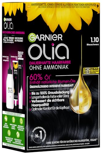 Garnier Olia Dauerhafte Haarfarbe 1.10 Blauschwarz ohne Ammoniak permanente Coloration bis zu 100% Grauabdeckung langanhaltende Farbe bis zu 8 Wochen intensiver Glanz & Pflege 1Stk.