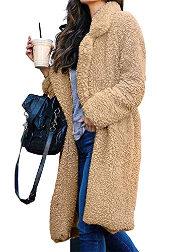 ZICUE Womens Long Oversized Sherpa Jacket Fuzzy Fleece Teddy Coat Open Front Cardigan Camel M