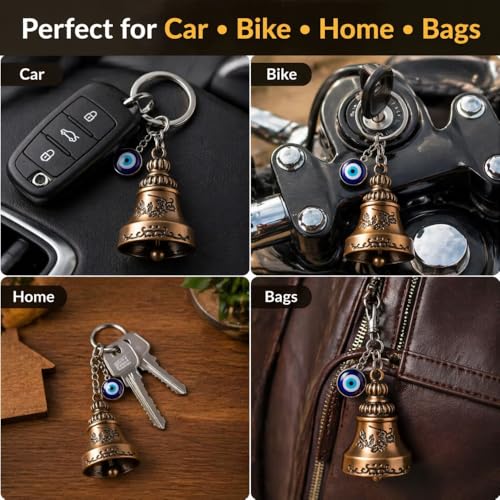 Image of Guardian Bell for Bike Riders, Guardian Bell Keychain with Evil Eye Charm, Metal Lucky Travel Amulet for Car Keys, Meaningful Gift for Men and Women (Antique Brass)