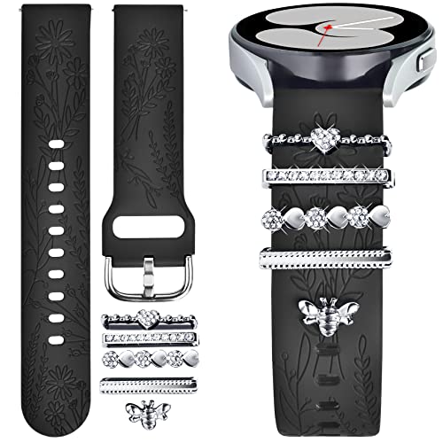 ORATYFAN Bands for Samsung Galaxy Watch 7/4/5/6 with Charms, 20mm Women Floral Engraved Silicone Strap with Decorative Rings for Watch 6/Watch 5 Pro/Watch 4 Classic 46mm 42mm/Watch 3 41mm/Active 2