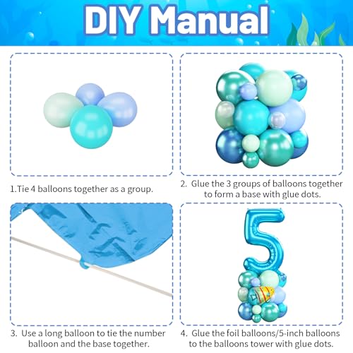 Image of 40 Inch Number 5 Balloon Blue Ocean Under the Sea Number Five Foil Balloons Tower with Shark Bubble Fish for Boys 5th Birthday Party Decor Blue Green Underwater Digital Aluminum Balloons Stack