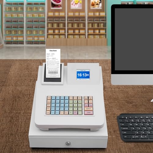 Image of 48-Button Cash Register, Cash Register Box Cash Register with Scanner for Restaurants and Supermarkets 14.2 x 13.2 x 10 Inch (White)