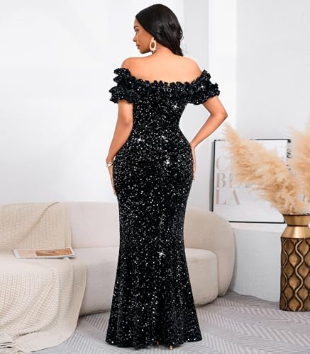 Women Sexy Sequin Off Shoulder Ruffle Short Sleeve Bodycon Mermaid Party Formal Evening Maxi Dress2