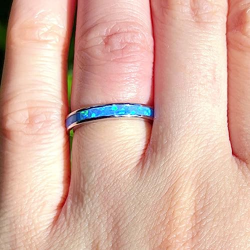 Aloha Jewelry Company 925 Sterling Silver 3mm Opal Stackable Wedding Ring Eternity Band, Blue White Opal, Rhodium Plated, Hypoallergenic for Sensitive Skin, Gift Box Included3