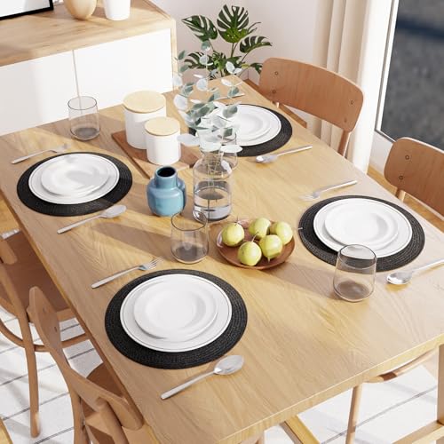 Image of Dining Table Mats Set of 4 | Cotton Table Mat 32 cm Diameter, Encasa XO Washable Round Table Mats, Heat Resistance Dining Table Placemats, Handmade Ribbed Style for Centre Table, Black