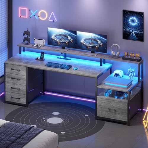 Image of SEDETA Home Office Desk with File Drawer & Power Outlet, 66'' Computer Desk with 5 Drawer, Storage Shelves, Printer Cabinet and Monitor Shelf, Gaming Desk with Led Lights, Grey