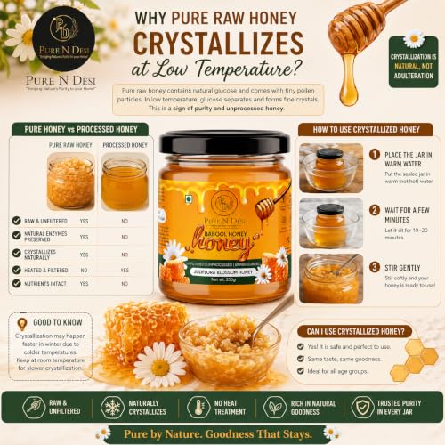 Image of PURE N DESI Juliflora Honey Raw Unprocessed Natural Honey 250g | Raw Juliflora (Babool /Kikar) Honey • Unprocessed • No Added Sugar • Rich Floral Taste • 250g Glass Jar