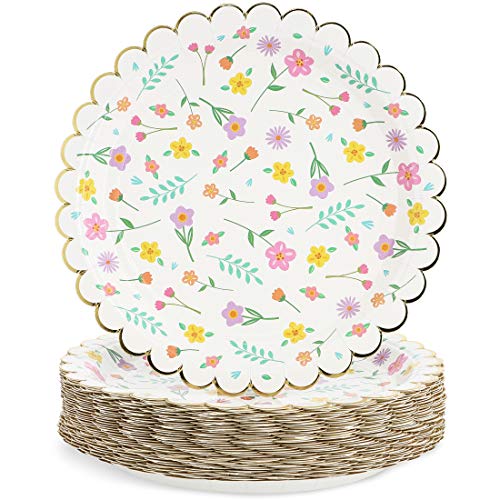 Blue Panda 48 unidades de platos de papel de fiesta floral con borde de lámina dorada festoneada, 7 pulgadas