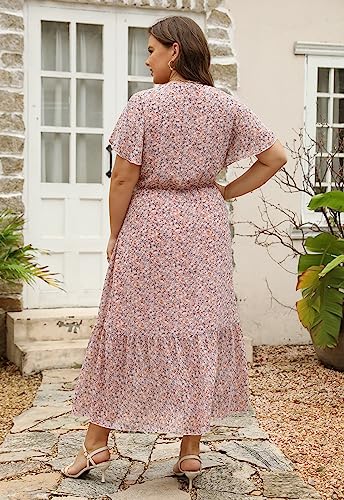 Image of Nemidor Plus Size Women Casual Maxi Dresses Print Bobo Belted Layered Chiffon Summer Long Dress with Ruffle Sleeve