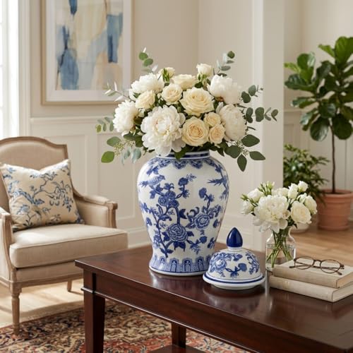 Decorative Ginger Jar for Home Decor Ceramic Jar With Lid Chinoiserie Pattern Large Tabletop Accent for Living Room or Entry Shelf Display Stylish Centerpiece Decor 18 Blue & White
