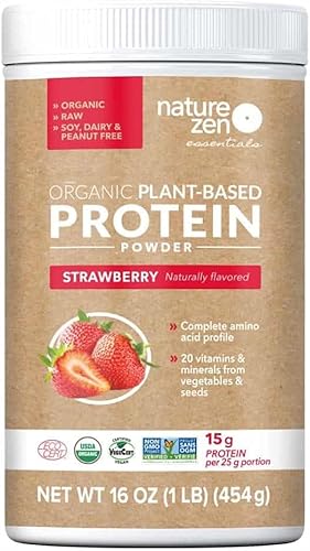 Nature Zen Proteína vegana orgánica en polvo de fresa, arroz orgánico y proteína de guisante, baja en carbohidratos netos, sin lácteos, sin soja,
