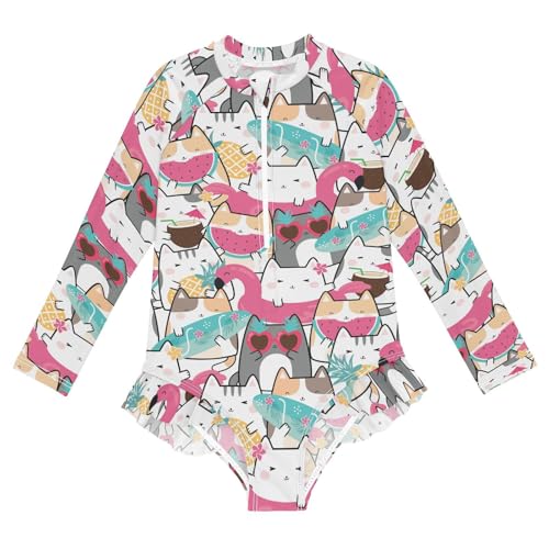 QUGRL Girls Rash Guard Long Sleeve One Piece Swimsuits Kawaii Cute Cats Zipper Girl Bathing Suits Size 9-10 Colorful Summer UV Swimwear Stand Collar