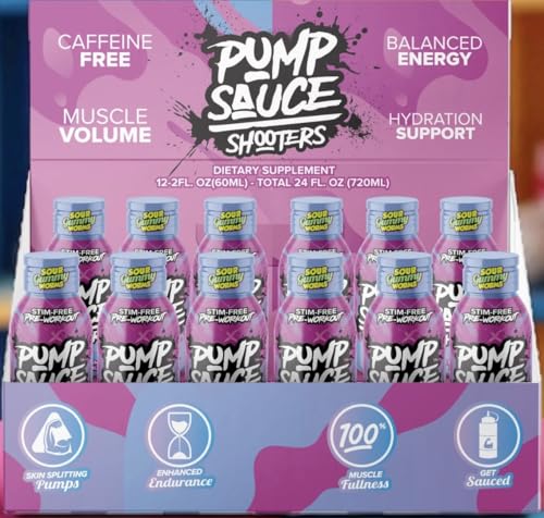Pump Sauce Shooters Gummy Worms- 2oz Bottles (Pack of 12) - Pre Workout No Caffeine Full Spectrum Liquid Gluten Free Vegan Zero Sugar