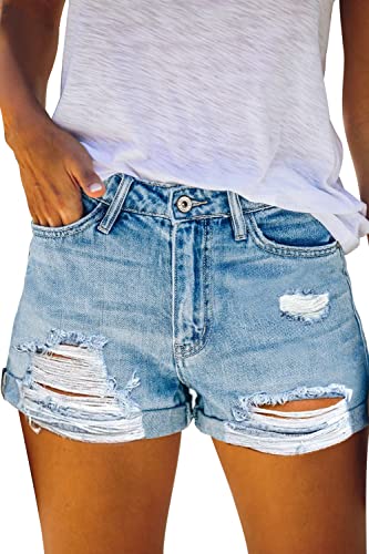 TOLOVIC Blue Jean Shorts Damen High Waisted Ripped Stretchy Denim Shorts, Blau 05, 50 Cover