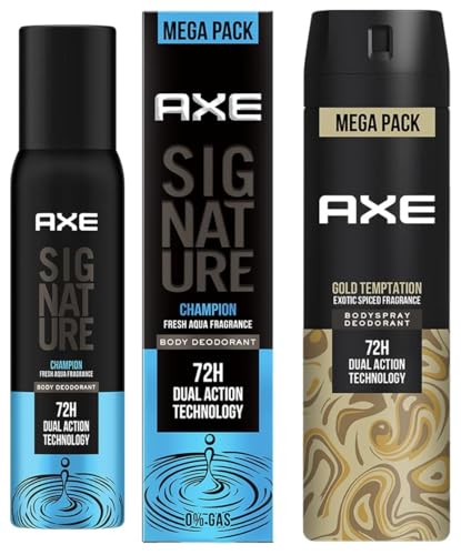 AXE Signature Champion Long Lasting No Gas Body Deodorant Spray For Men 200 Ml & Axe Gold Temptation Long Lasting Deodorant Bodyspray For Men, 215ml