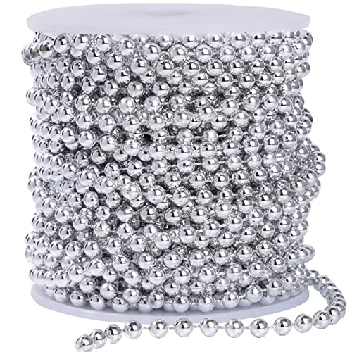 Faux Silver Pearl Beads Garland - 6mm Christmas Tree Beads 22 Yards Spool Pearl String Roll for Wedding Party Christmas Tree Decoration