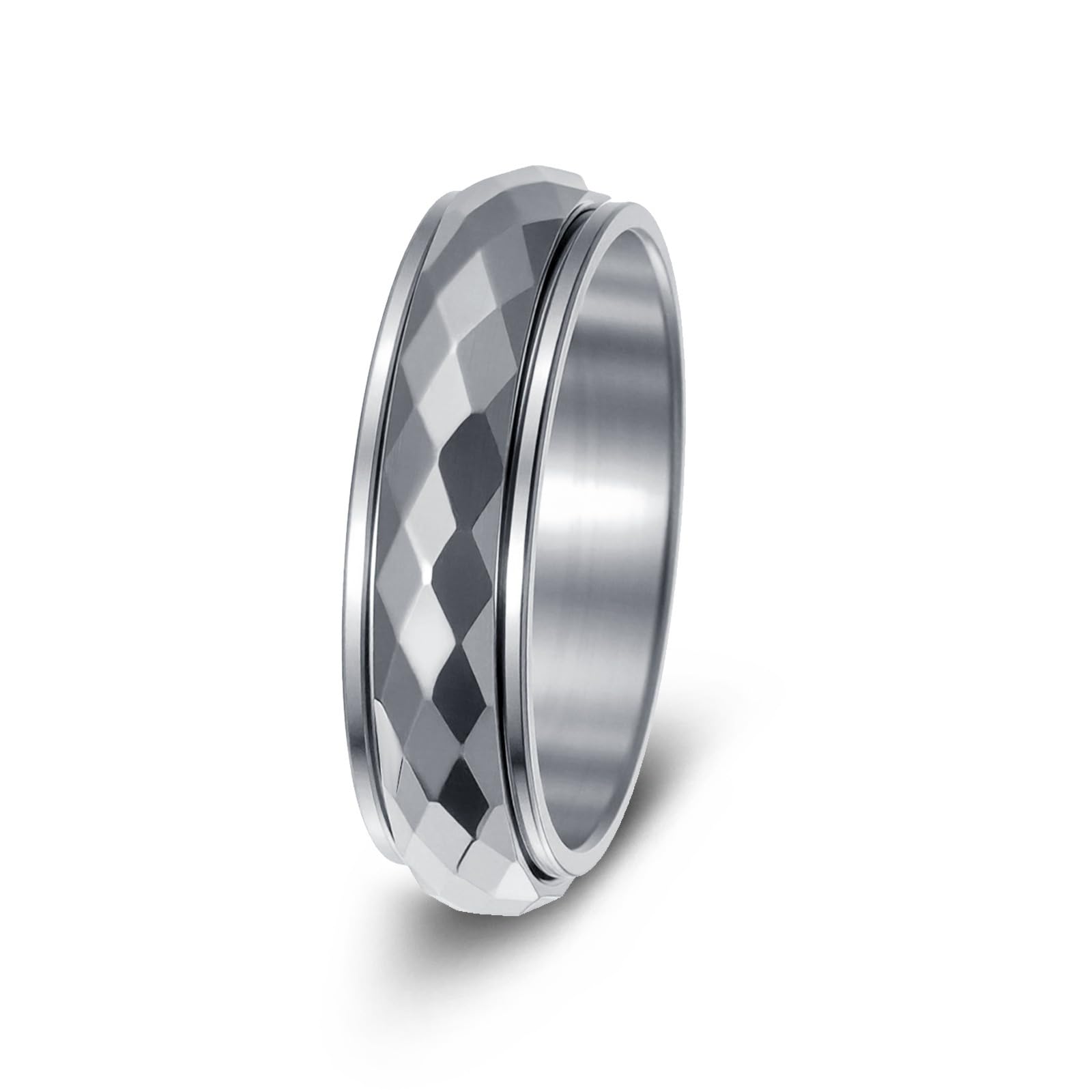VHJdtE Rings, Faceted Diamond-Cut Titanium Steel Rotatable Ring Shiny Geometric-Cut Relief Spinning Jewellery(Silver,J)