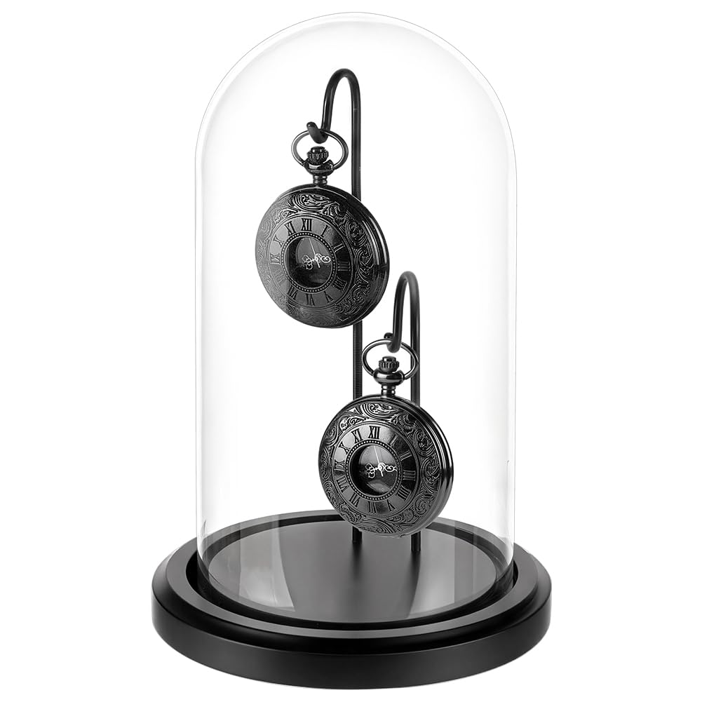 PH PandaHall 12.7x19.8cm Cloche en Verre d'Affichage Dôme de Présentation pour Montre de Poche avec Base en Bois et 2 Crochets pour Présenter Montres de Gousset, Bijoux, Médailles, Photos