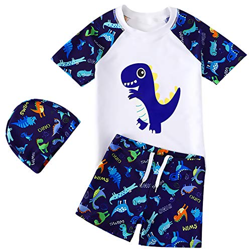 Kids Baby Boys Two Pieces Bathing Suits Short Sleeve Rash Guard Sets with Hat UPF50+ Sun Protection Dinosaur Swimwear White XL