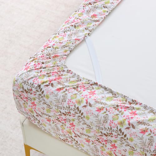 Image of Mooreeke Cozy Floral Microfiber Printed Twin Sheet Set - Soft & Breathable Pink Green Floral Bed Sheets with Deep Pocket - Non-Slip Fitted Design - Pink Green Flowers Gray Leaves Pattern - Queen