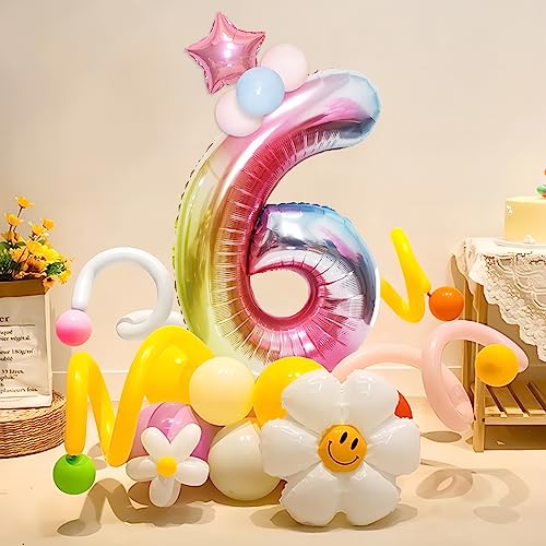 Image of 40 Inch Giant Rainbow Number 6 Balloons, Birthday Balloons, Helium Mylar Foil Big Number Balloons for Birthday Party Decorations, Kids' Birthday Anniversary Party Baby Shower Unicorn Parties